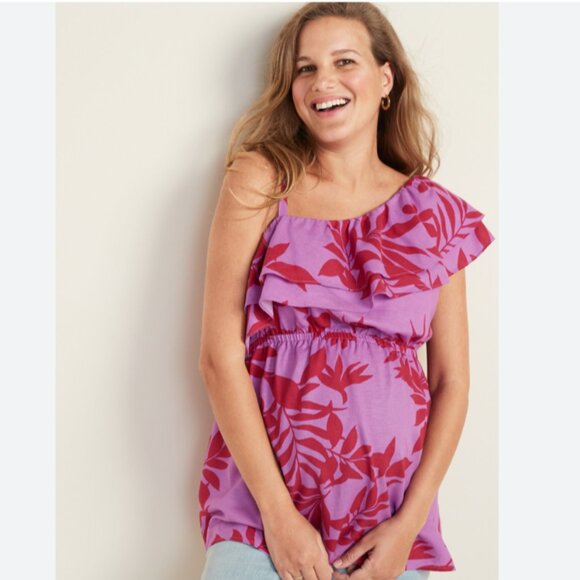 🍒 Old Navy Maternity Ruffle-Trim One-Shoulder Top Floral Purple Sz L - Picture 1 of 12